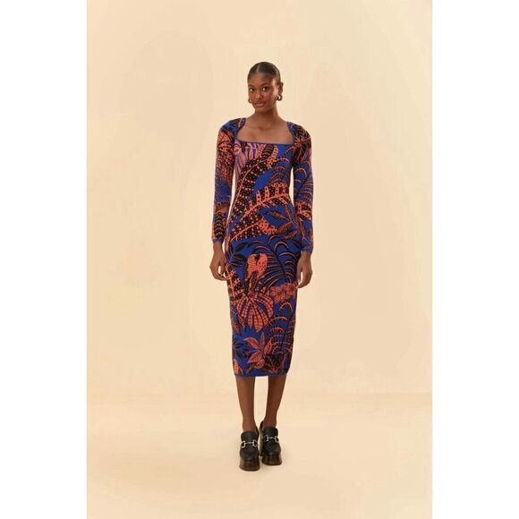 NWT FARM Rio Blue Tropical Gold Long Sleeve Dress Midi XS - Picture 2 of 8